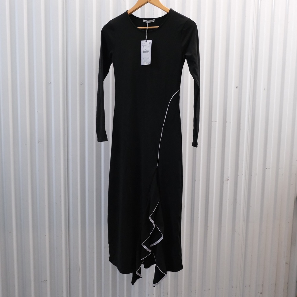 NWT ZARA Black Long Sleeve Ruffle Hem Midi Dress Size‎ Small
